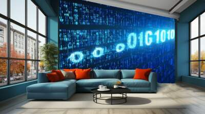 Blue matrix of binary code representing the acronym IPv6, illustrating the concept of Internet Protocol version 6 in a digital landscape Wall mural