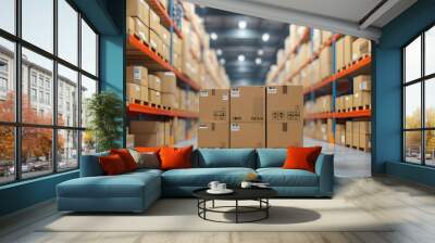 Blurred warehouse interior with shelves packed with cardboard boxes and cargo items Wall mural