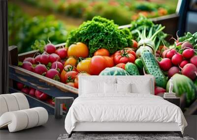 Bountiful harvest: freshly harvested vegetables packed in crates, ready for transport in a van, embodying the essence of farm-to-table freshness. Wall mural