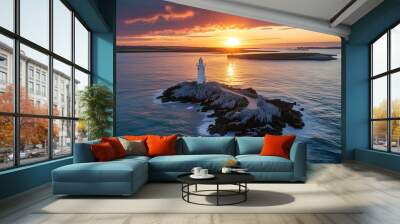 Breathtaking aerial view of the Phare des Baleines lighthouse at sunset, overlooking the serene sea of Ile de Ré in France Wall mural