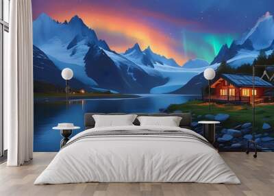 Breathtaking mountain scenery illuminated by vibrant northern lights, cozy cabins nestled beside a tranquil river at twilight Wall mural