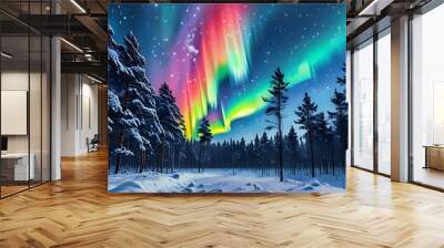 Breathtaking northern lights dance above a snow-covered forest, illuminating the winter night sky with vibrant colors Wall mural