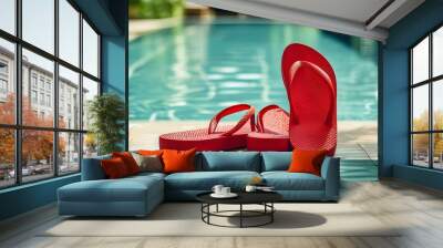 Bright red flip-flops by a tranquil swimming pool, capturing the essence of summer fun and relaxation Wall mural