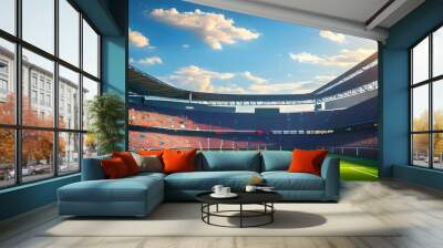 Bright sunshine highlights a football stadium exterior on a clear day, creating the perfect atmosphere for an exhilarating match experience Wall mural