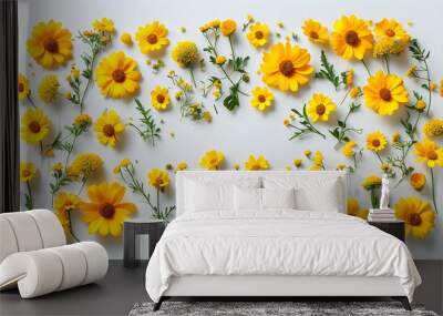 Bright yellow flower wreath on white backdrop, perfect for spring and summer themes, featuring ample space for personalized text, overhead perspective Wall mural