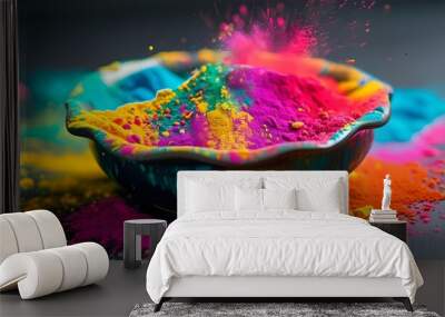 Bursting Colors of Holi Celebrations in a Bowl on Dark Background Wall mural