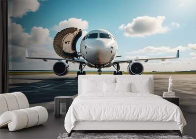 Business jet with open door and ladder on runway, showcasing modern aviation and luxury air travel in close-up details Wall mural