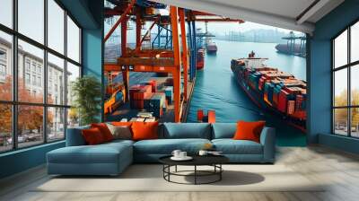 Busy port scene with cargo ship loading containers against a backdrop of cranes and bustling activity. Wall mural