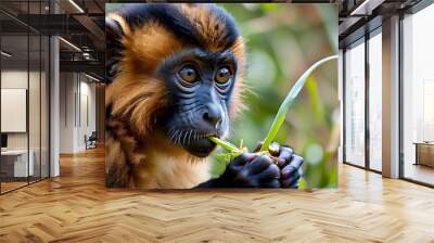 Candid close-up of a baby Gelada monkey grazing amid the stunning backdrop of Simien Mountains in Ethiopia Wall mural