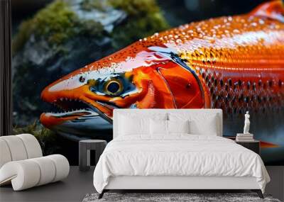 Captivating close-up of shimmering red salmon scales in soft natural light Wall mural