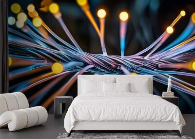 Captivating closeup of vibrant fiber optic cables illuminating connections and technology Wall mural