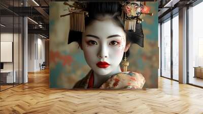 Captivating young Japanese geisha blending vintage artistic style with contemporary fashion and intricate face paint manipulation Wall mural