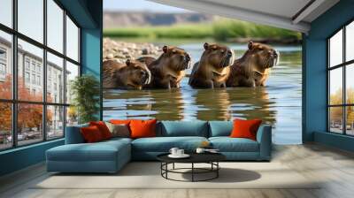 Capybaras Relaxing in Water at Riverbank Wall mural