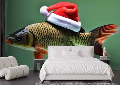 Carp wearing a Santa hat in festive winter setting Wall mural