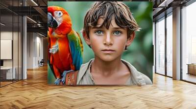 Caucasian boy sharing a moment with a vibrant parrot, celebrating friendship and the joy of exotic pets. Wall mural