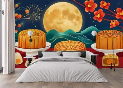 Celebration of Mid-Autumn Festival with traditional mooncakes and modern ice heart mooncake illustrations Wall mural