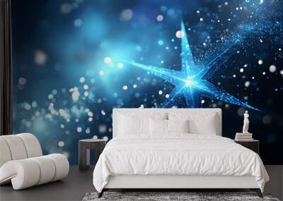 Celestial blue star radiating light amidst a dreamy backdrop of twinkling lights Wall mural