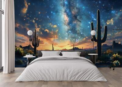 Celestial tranquility of vibrant stars and nebulae above silhouetted cacti in a serene desert landscape at night Wall mural