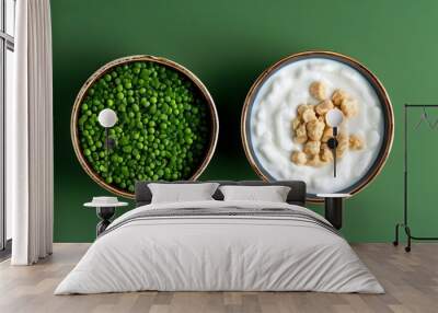 Ceramic Bowl of White Quark on Vibrant Green Surface with Ample Copy Space Wall mural