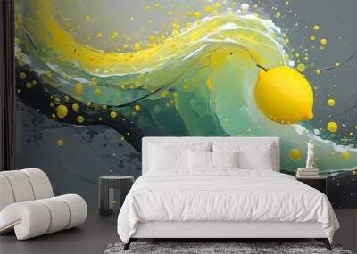 Chaotic Abstract Waves in Grey Tones Enhanced by Lime Green Accents Wall mural