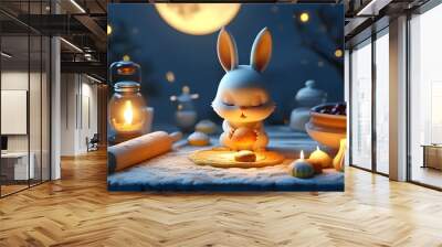 Charming 3D animation of a rabbit with floury paws baking delightful moonlit treats in a serene candy-inspired style Wall mural