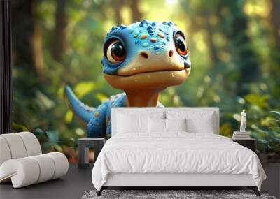 Charming 3D Cartoon Baby Dinosaur in a Lush Forest, Radiant Colors and Imaginative Design Wall mural