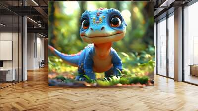 Charming 3D Cartoon Baby Dinosaur in a Lush Forest, Radiant Colors and Imaginative Design Wall mural