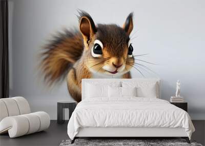 Charming 3D depiction of a baby squirrel with a fluffy tail and tiny paws against a clean white background Wall mural