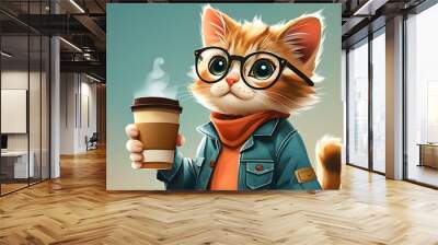 Charming animated cat character in casual attire sipping coffee, ideal for childrens media and vibrant digital illustrations Wall mural