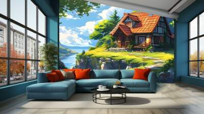 Charming Anime-Style Cottage Surrounded by Lush Nature Wall mural