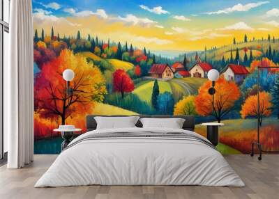 Charming Autumn Landscape with Vibrant Trees in a Picturesque Village Setting Wall mural