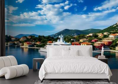 Charming bay view with luxury yacht anchored near vibrant villas and lush hills beneath a serene blue sky Wall mural