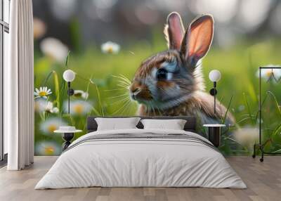 Charming Bunny Exploring a Lush Spring Meadow Wall mural