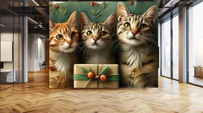 Charming card design celebrating International Cat Day with artistic cats, heartfelt greetings, and a vibrant blend of creativity, beauty, and friendship in green hues Wall mural