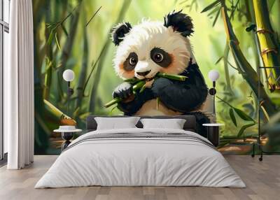 Charming Cartoon Panda Enjoying Bamboo in a Vibrant Forest Setting Wall mural