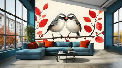 Charming depiction of two lovebirds perched on a branch amidst vibrant red leaves, symbolizing affection and the beauty of nature. Wall mural