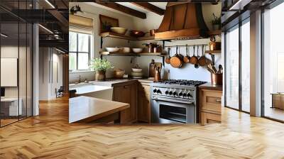 Charming French Country Kitchen with Open Shelving, Copper Pots, and Inviting Farmhouse Sink Wall mural