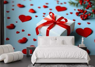 Charming gift box adorned with red ribbon nestled among scattered heart decorations on a soft blue backdrop, embodying the spirit of romance. Wall mural