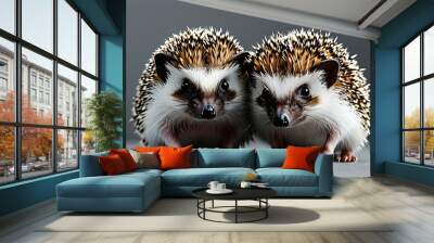 Charming hedgehogs with brown and white spines posed together against a soft gray backdrop Wall mural