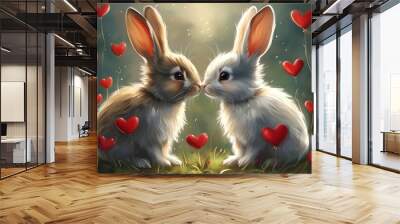 Charming Love Story of Rabbits: Delightful Valentines Day Illustration Wall mural