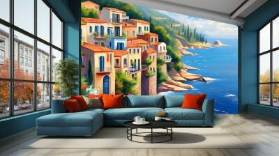 Charming Mediterranean Townscape Captured in Oil Painting Style Amidst Breathtaking Coastal Beauty Wall mural