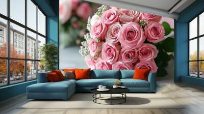 Charming Pink Rose Bouquet on Soft Pastel Table for Celebrations and Special Occasions Wall mural