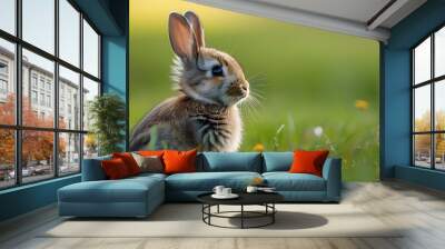 Charming portrait of a cute rabbit nestled in a vibrant meadow Wall mural