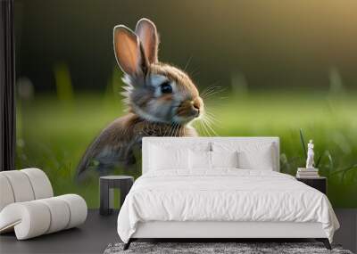 Charming portrait of a small rabbit nestled in lush green grass Wall mural