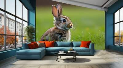 Charming portrait of a small rabbit nestled in lush green grass Wall mural