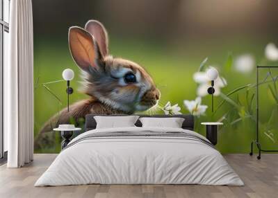 Charming rabbit exploring fragrant spring grass in a close-up scene Wall mural