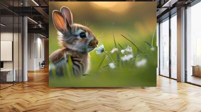 Charming rabbit exploring fragrant spring grass in a close-up scene Wall mural