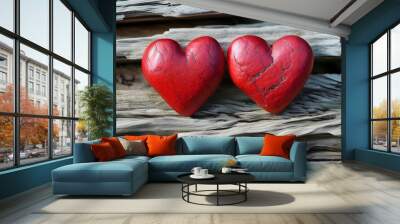 Charming red heart stones on weathered wood embody love, affection, connection, and enduring relationships Wall mural