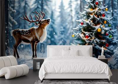 Charming reindeer in snowy forest admiring beautifully decorated Christmas tree, embodying seasonal joy and enchantment amidst gentle snowfall Wall mural