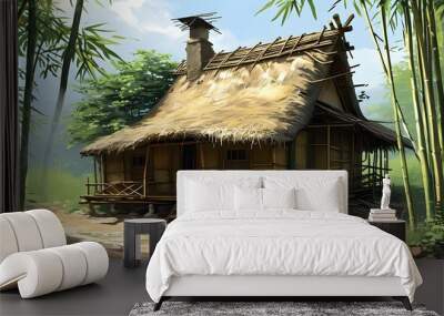 Charming rustic hut with thatched roof nestled in natures tranquility Wall mural